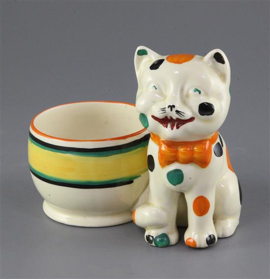A Clarice Cliff Laughing Cat pen holder, circa 1932, height 11.5cm